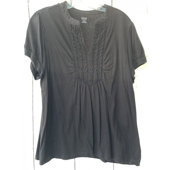 a.n.a. Woman 1X Short Sleeve Black Embellished Collared V-Neck Top - Picture 2 of 6